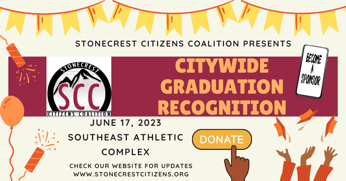 Stonecrest Citizens' Coalition - Citywide Graduation Party Flyer - Orange, Yellow and Burgundy